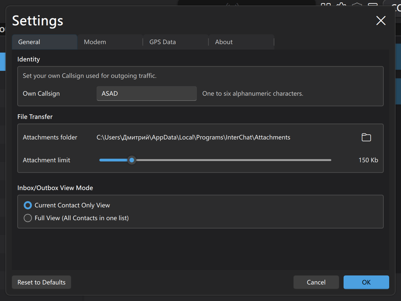 Interchat settings with operator identity and file-transfer preferences.