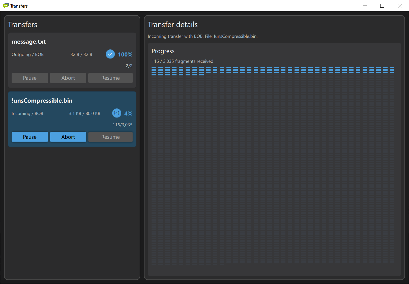 Interchat transfer manager with a fragment progress map.
